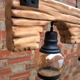 Wood Beam Chandelier- Lights - 2 Pendant Metal Glass Shade Wooden Chandelier Rustic Farmhouse Hanging Lamp Indoor Lighting Ceiling - thumbnail 4