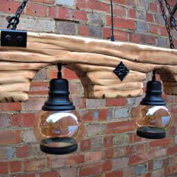 Wood Beam Chandelier- Lights - 2 Pendant Metal Glass Shade Wooden Chandelier Rustic Farmhouse Hanging Lamp Indoor Lighting Ceiling - thumbnail 3