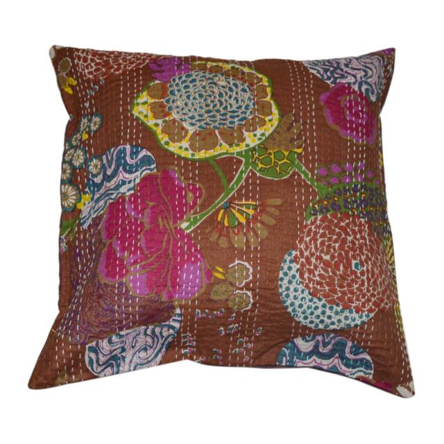 Indian Handmade Floral Design Kantha Cushion Cover Cotton Hand Stitched Fruit Print Pillow Cases Bohemian Beautiful Pillow Covers Throw - image 1
