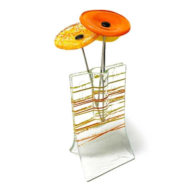 Small Vase With Orange & Yellow Stripes 3 Glass Flowers - image 1