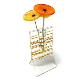 Small Vase With Orange & Yellow Stripes 3 Glass Flowers