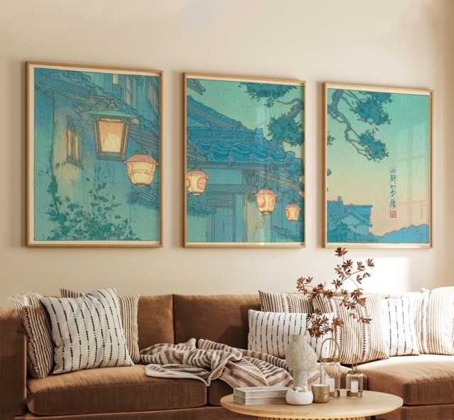 Tokyo Lantern Street Poster Set Of 3 - Vintage Japanese Night Wall Art Blue Teal Tones - image 1