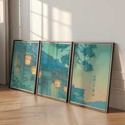 Tokyo Lantern Street Poster Set Of 3 - Vintage Japanese Night Wall Art Blue Teal Tones - thumbnail 3