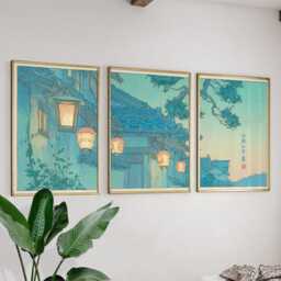 Tokyo Lantern Street Poster Set Of 3 - Vintage Japanese Night Wall Art Blue Teal Tones - thumbnail 2