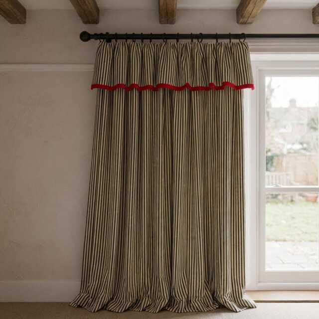 Bespoke Cotton Flop Over Ticking Pair Of Curtains - Linen Contrast Border, False Pelmet Heading - image 1