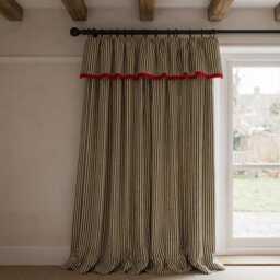 Bespoke Cotton Flop Over Ticking Pair Of Curtains - Linen Contrast Border, False Pelmet Heading - thumbnail 1