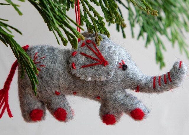Handmade Wool Grey Felt Elephant Ornament, Handcrafted Stitched Red Accent Eco-Friendly Christmas Decoration - image 1