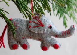 Handmade Wool Grey Felt Elephant Ornament, Handcrafted Stitched Red Accent Eco-Friendly Christmas Decoration