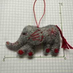 Handmade Wool Grey Felt Elephant Ornament, Handcrafted Stitched Red Accent Eco-Friendly Christmas Decoration - thumbnail 2