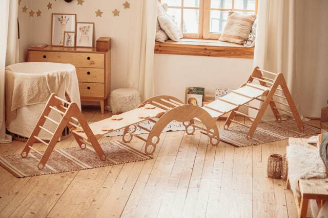 Set Of 5 Items 2 Foldable Triangle + Arch Ramp With Slide, Climbing Montessori Furniture For Toddlers Wood Play Gym Balance Board - image 1