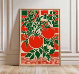 Bold Tomato Vine Art Print, Retro Bauhaus Kitchen Wall Decor, Red Green Maximalist Food Poster - thumbnail 1