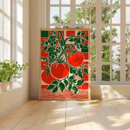 Bold Tomato Vine Art Print, Retro Bauhaus Kitchen Wall Decor, Red Green Maximalist Food Poster - thumbnail 3