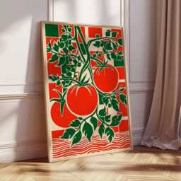 Bold Tomato Vine Art Print, Retro Bauhaus Kitchen Wall Decor, Red Green Maximalist Food Poster - thumbnail 2