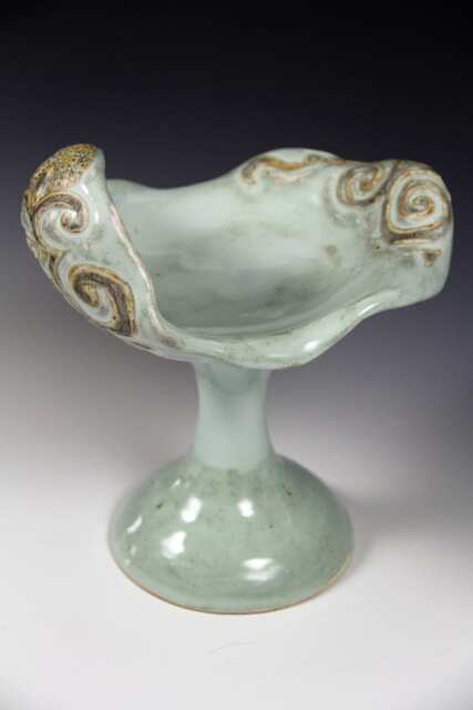 Ceramic Blue Hand Made Fruit Vase // Carved Ceramic Vase// Platter On A Foot// Contemporary - image 1