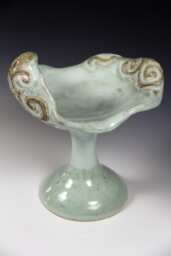 Ceramic Blue Hand Made Fruit Vase // Carved Ceramic Vase// Platter On A Foot// Contemporary - thumbnail 1