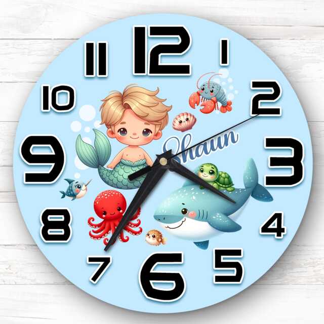 Sealife Merman Personalised Gift For Kid's Bedroom Clock - Kids Clock, Children's Decor, Custom Wall - image 1