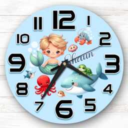 Sealife Merman Personalised Gift For Kid's Bedroom Clock - Kids Clock, Children's Decor, Custom Wall - thumbnail 1