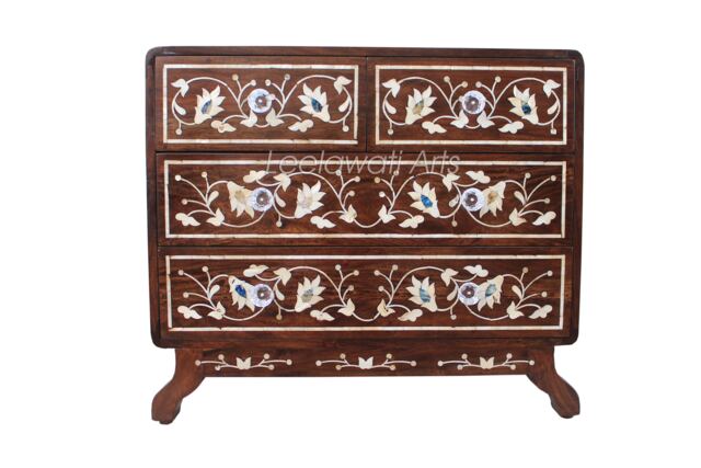Handmade Mother Of Pearl Inlay Chest Drawers Floral Design, Vintage Style - image 1