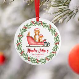 Woodland Baby First Christmas Ornament, Personalized Deer Fox Racoon Owl Forest Boy Holiday Ornament - thumbnail 1