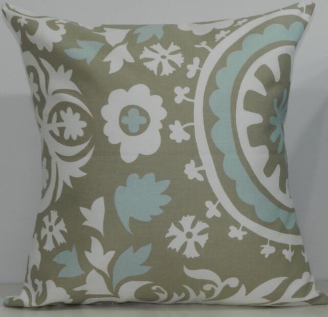New 18x18 Inch Designer Handmade Pillow Case. Suzani Print in Powder Blue & Taupe