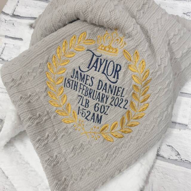 Personalised Baby Blanket, Embroidered Knitted Pom Crown Blanket With Birth Details - image 1