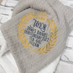 Personalised Baby Blanket, Embroidered Knitted Pom Crown Blanket With Birth Details - thumbnail 1