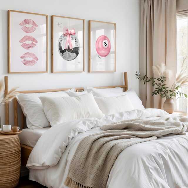 Set Of 3 Pink Prints 8 Ball Print Bow Lips Lucky Wall Art Disco Glitter Pool Girls Bedroom - image 1