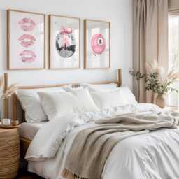 Set Of 3 Pink Prints 8 Ball Print Bow Lips Lucky Wall Art Disco Glitter Pool Girls Bedroom - thumbnail 1