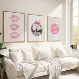 Set Of 3 Pink Prints 8 Ball Print Bow Lips Lucky Wall Art Disco Glitter Pool Girls Bedroom - thumbnail 2