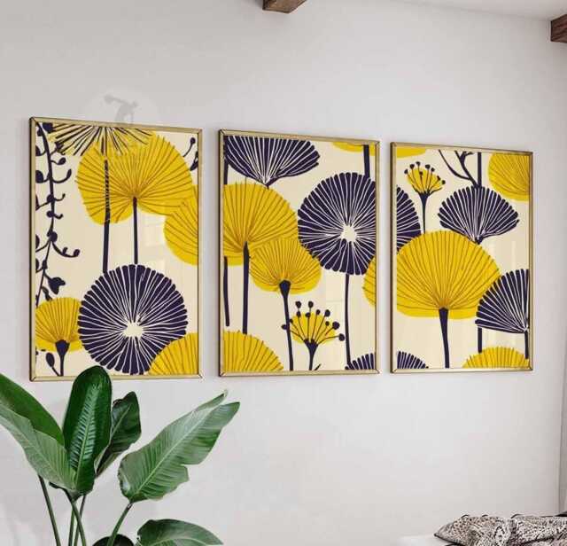 Set Of 3 Yellow Botanical Prints, Modern Abstract Flower Wall Art, Minimalist Poster Trio For Home Decor - image 1