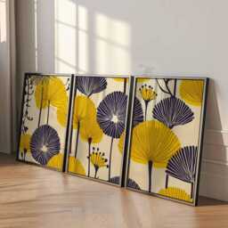 Set Of 3 Yellow Botanical Prints, Modern Abstract Flower Wall Art, Minimalist Poster Trio For Home Decor - thumbnail 3