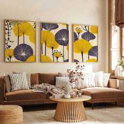 Set Of 3 Yellow Botanical Prints, Modern Abstract Flower Wall Art, Minimalist Poster Trio For Home Decor - thumbnail 2