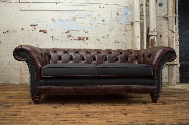 3 Seater Dark Brown Leather Chesterfield Sofa, & Charcoal Herringbone Wool, British Handmade - image 1