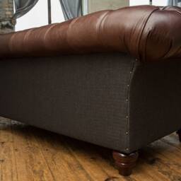 3 Seater Dark Brown Leather Chesterfield Sofa, & Charcoal Herringbone Wool, British Handmade - thumbnail 4