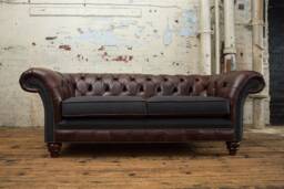 3 Seater Dark Brown Leather Chesterfield Sofa, & Charcoal Herringbone Wool, British Handmade - thumbnail 1