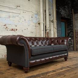 3 Seater Dark Brown Leather Chesterfield Sofa, & Charcoal Herringbone Wool, British Handmade - thumbnail 3