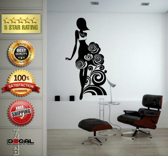 Flower Pattern Dress Girl Model Bride Beautiful Fashion Woman Pretty Design Wall Window Sticker Decal Vinyl Silhouette Decor L1864 - image 1