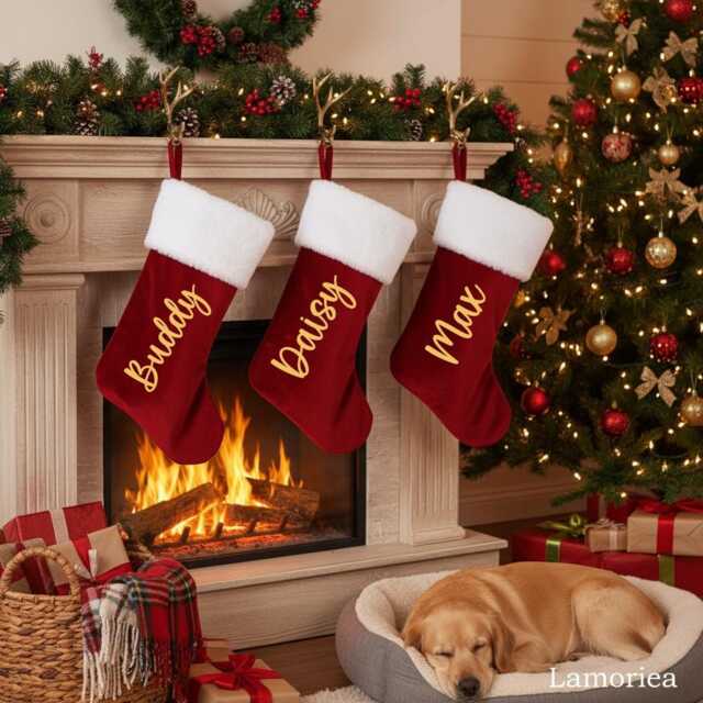 Personalized Red Stockings, Christmas Family Holiday Xmas Stocking, Monogram Fireplace Decoration - image 1