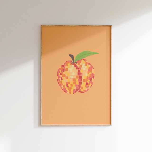 Disco Peach Wall Print - Ball Fruit Poster Food & Drink Illustration Peachy Trendy Artwork Aesthetic Art - image 1