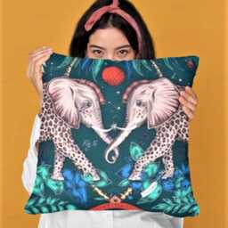 Clarke & Clarke, Navy Blue, Teal, Pink Gold Elephants Satin Cotton Cushion Cover, Throw Pillow Home Decor - thumbnail 3