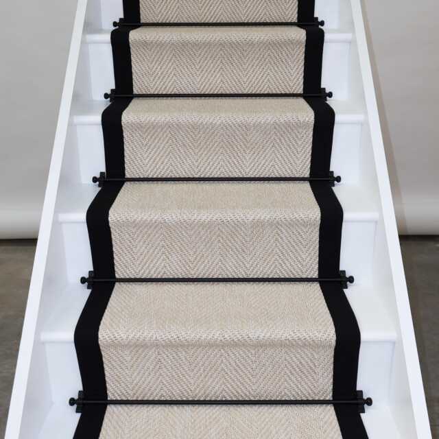 Herringbone New England Ivory Stair Runner With 100% Black Cotton Border - image 1