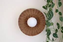 Minimal Globe Rattan Sconce Mid Century Glass Ceiling Light Woven Wall Lamp [Aria]