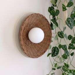 Minimal Globe Rattan Sconce Mid Century Glass Ceiling Light Woven Wall Lamp [Aria] - thumbnail 2