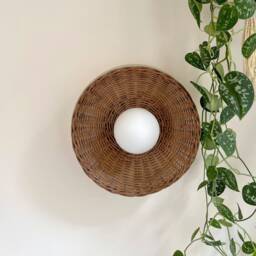 Minimal Globe Rattan Sconce Mid Century Glass Ceiling Light Woven Wall Lamp [Aria] - thumbnail 3