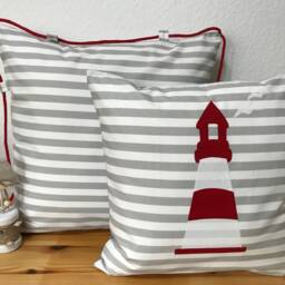 Maritime Pillow Case, Country Style Lighthouse Gray/White Red 50x50cm - thumbnail 3