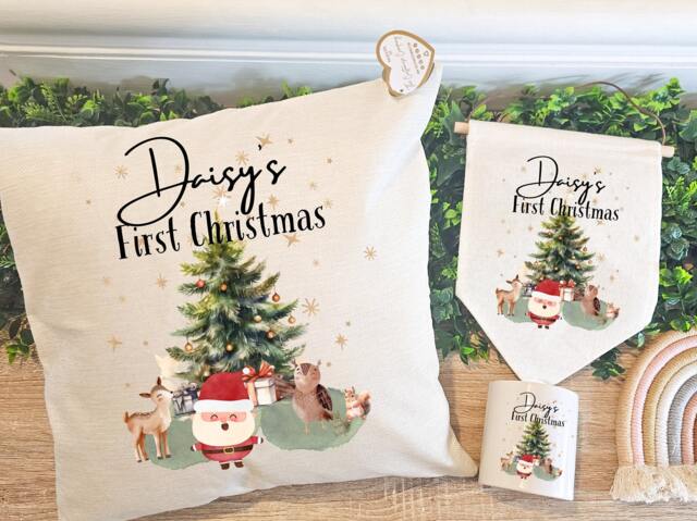 Custom First Christmas Stocking Pillow, Family Throw Pillow Cover, Cushion, Xmas Wreath Cushion Personalized Gifts - image 1