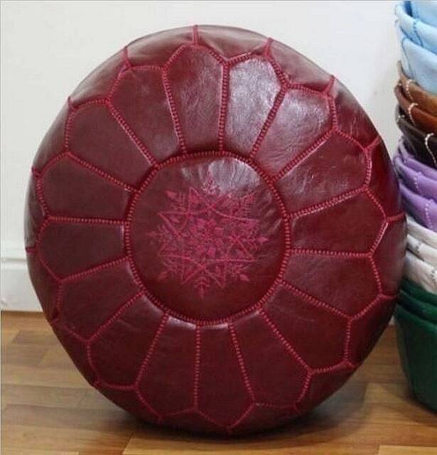 Handmade Moroccan Leather Pouf Ottoman - Burgundy Boho Floor Cushion Seating - image 1