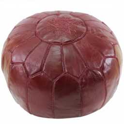 Handmade Moroccan Leather Pouf Ottoman - Burgundy Boho Floor Cushion Seating - thumbnail 3