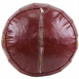 Handmade Moroccan Leather Pouf Ottoman - Burgundy Boho Floor Cushion Seating - thumbnail 4