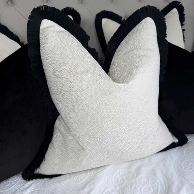 Blean Ivory Textured Cushion Cover With Black Fringe Ashley Wilde Fabric Double-Sided Luxury Handmade UK Monochrome Accent Pillow Case - image 1